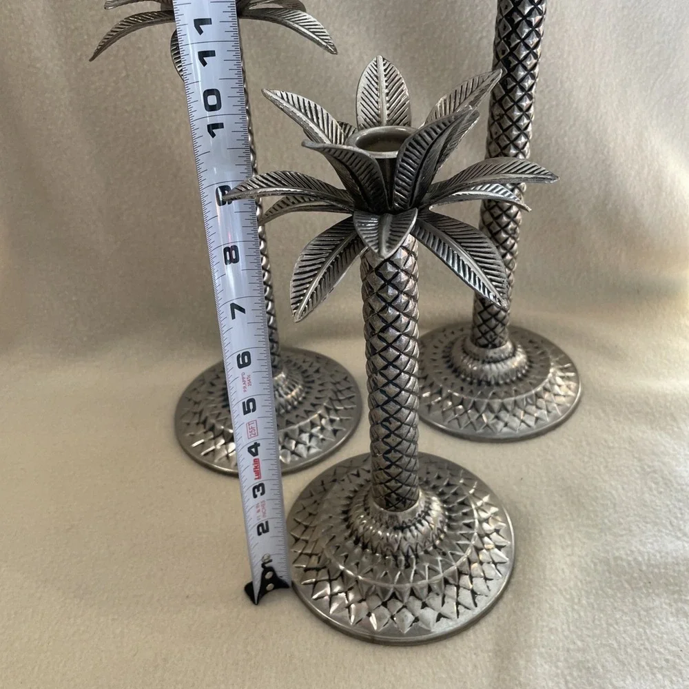 Vintage Set 3 Metal Palm Tree Taper Candle Holders Silver Blackwash Felt Bottom